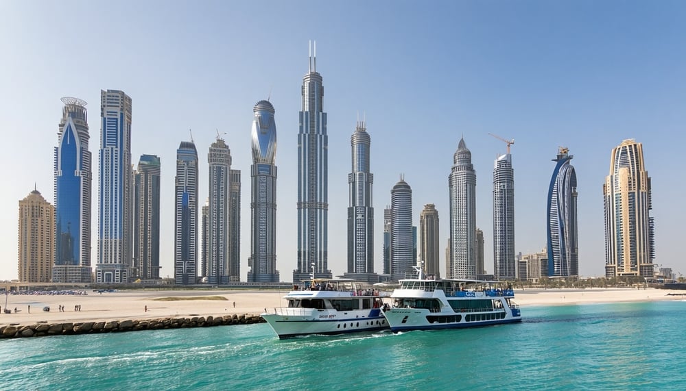 Dubai cityscape with famous landmarks and tour vehicles