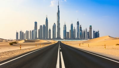 Dubai desert road journey with iconic skyline in the background